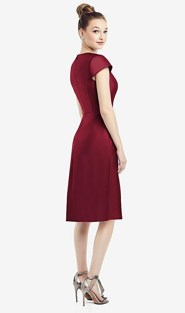 Back View - Burgundy Cap Sleeve V-Neck Satin Midi Dress with Pockets