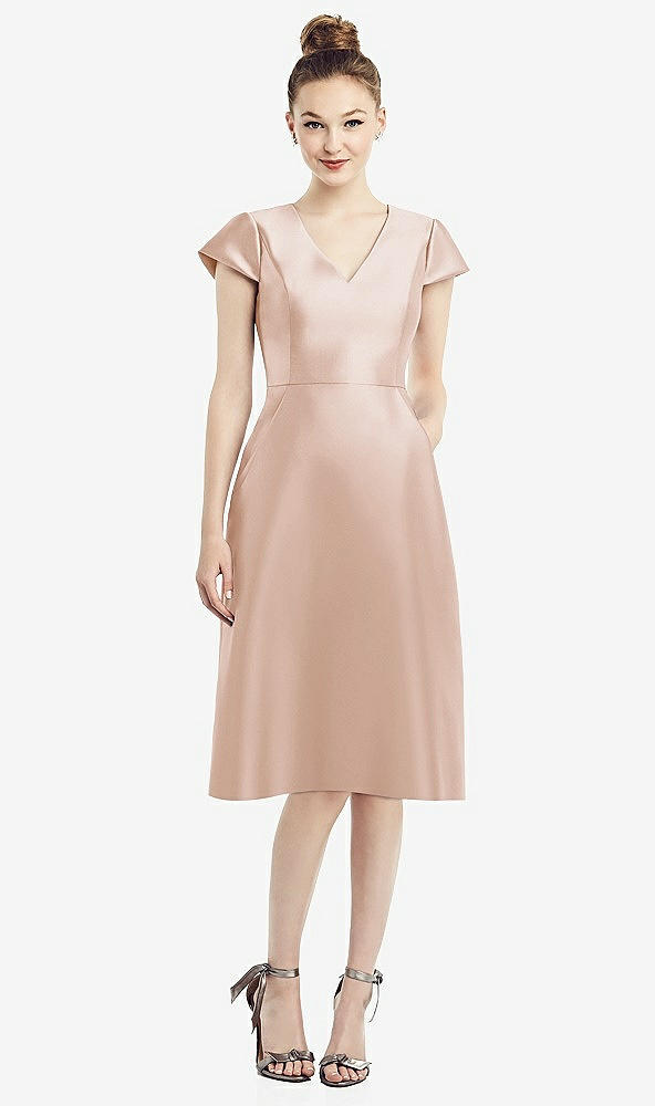 Front View - Cameo Cap Sleeve V-Neck Satin Midi Dress with Pockets