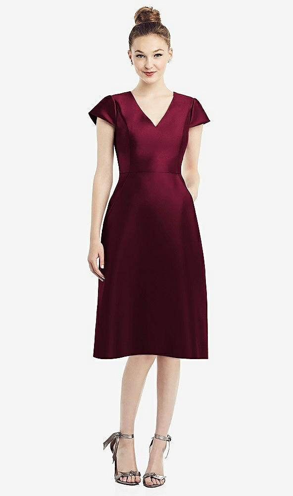 Front View - Cabernet Cap Sleeve V-Neck Satin Midi Dress with Pockets