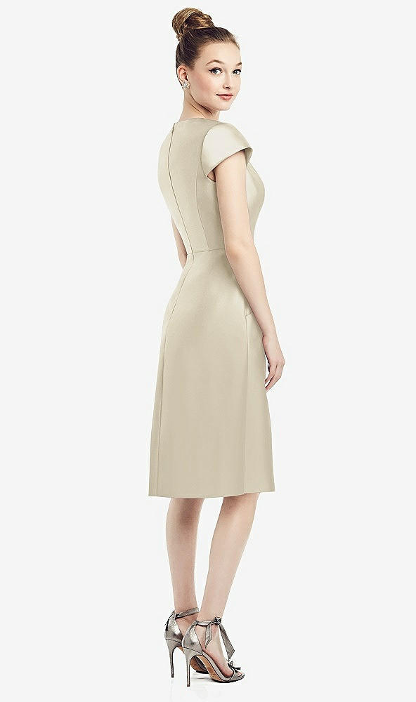 Back View - Champagne Cap Sleeve V-Neck Satin Midi Dress with Pockets