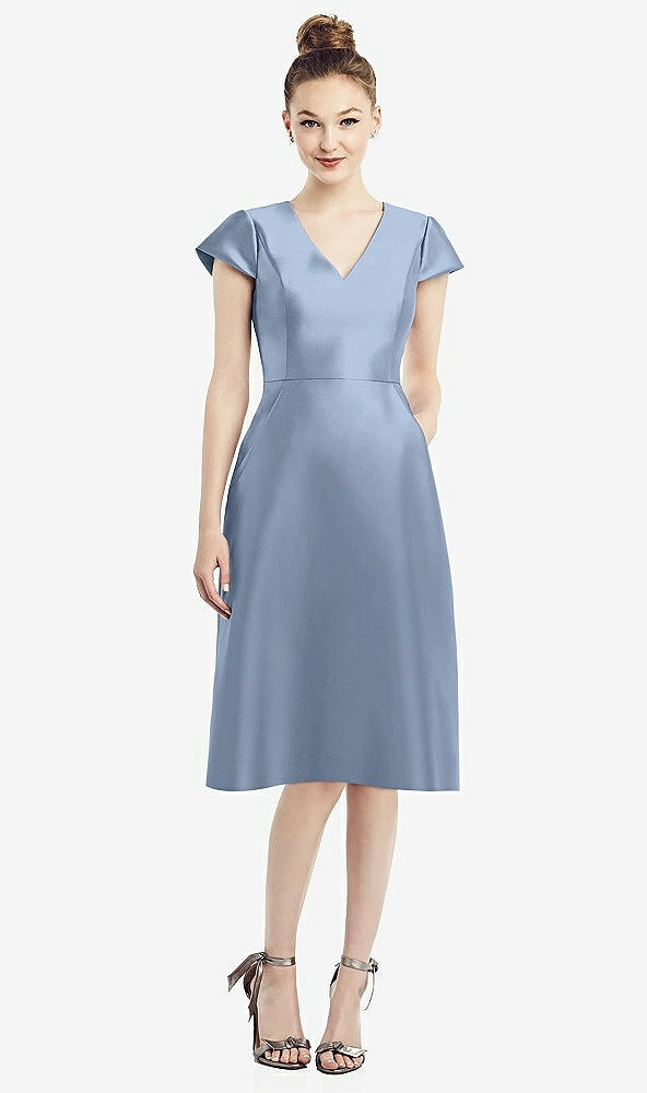 Front View - Cloudy Cap Sleeve V-Neck Satin Midi Dress with Pockets