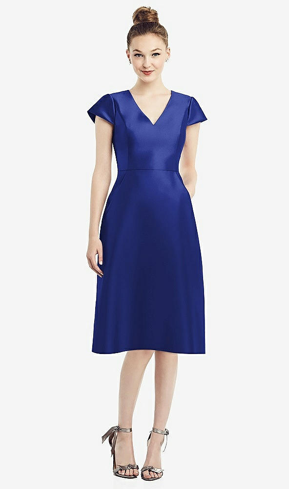 Front View - Cobalt Blue Cap Sleeve V-Neck Satin Midi Dress with Pockets