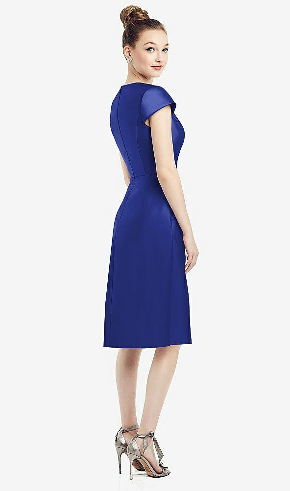 Back View - Cobalt Blue Cap Sleeve V-Neck Satin Midi Dress with Pockets