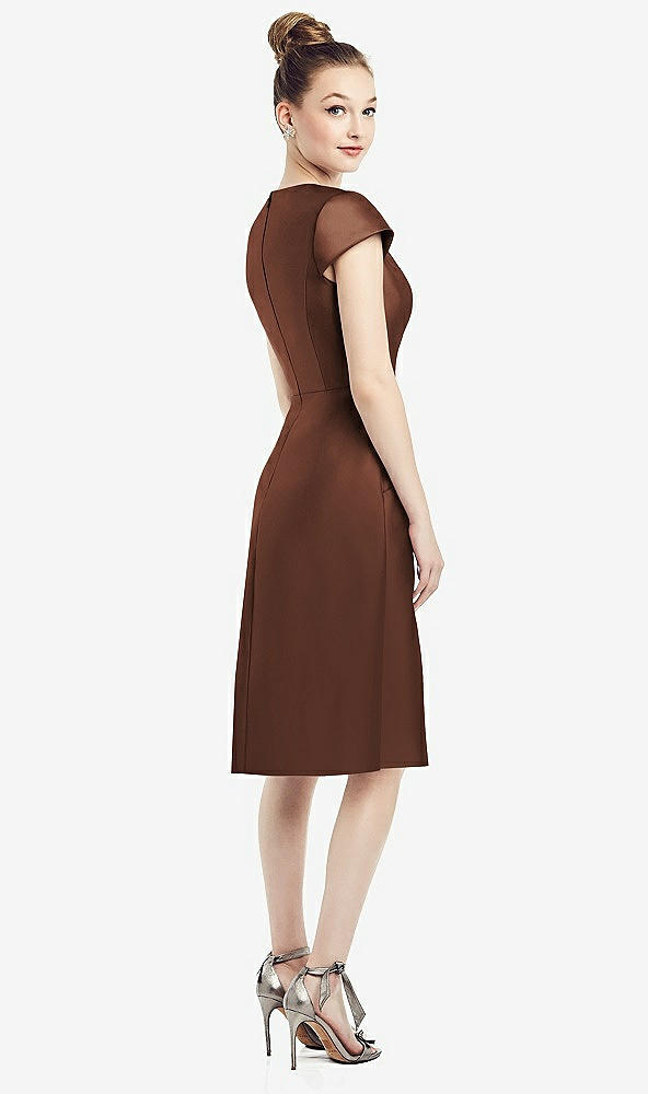 Back View - Cognac Cap Sleeve V-Neck Satin Midi Dress with Pockets