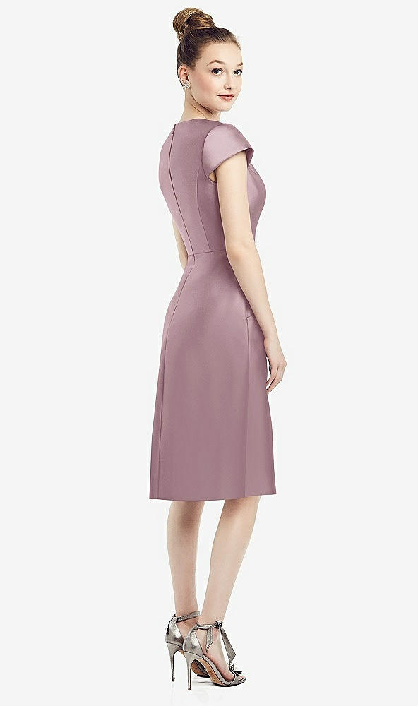 Back View - Dusty Rose Cap Sleeve V-Neck Satin Midi Dress with Pockets