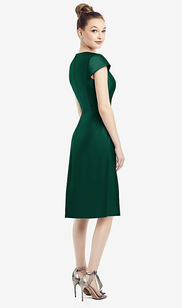 Back View - Hunter Green Cap Sleeve V-Neck Satin Midi Dress with Pockets