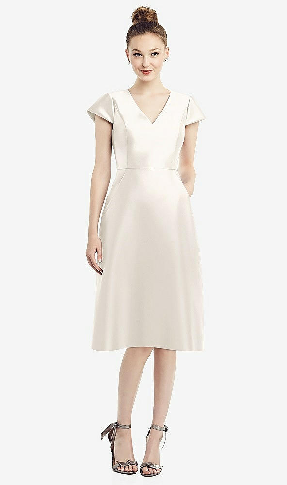 Front View - Ivory Cap Sleeve V-Neck Satin Midi Dress with Pockets