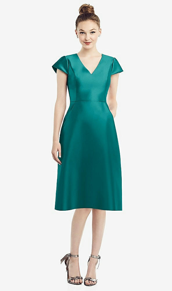 Front View - Jade Cap Sleeve V-Neck Satin Midi Dress with Pockets