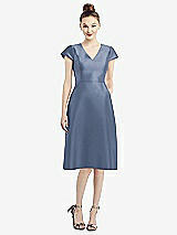 Front View Thumbnail - Larkspur Blue Cap Sleeve V-Neck Satin Midi Dress with Pockets