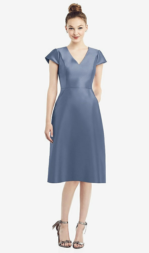 Front View - Larkspur Blue Cap Sleeve V-Neck Satin Midi Dress with Pockets