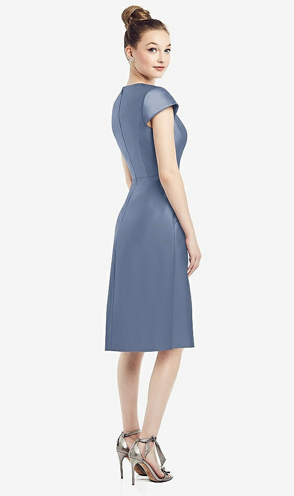 Back View - Larkspur Blue Cap Sleeve V-Neck Satin Midi Dress with Pockets