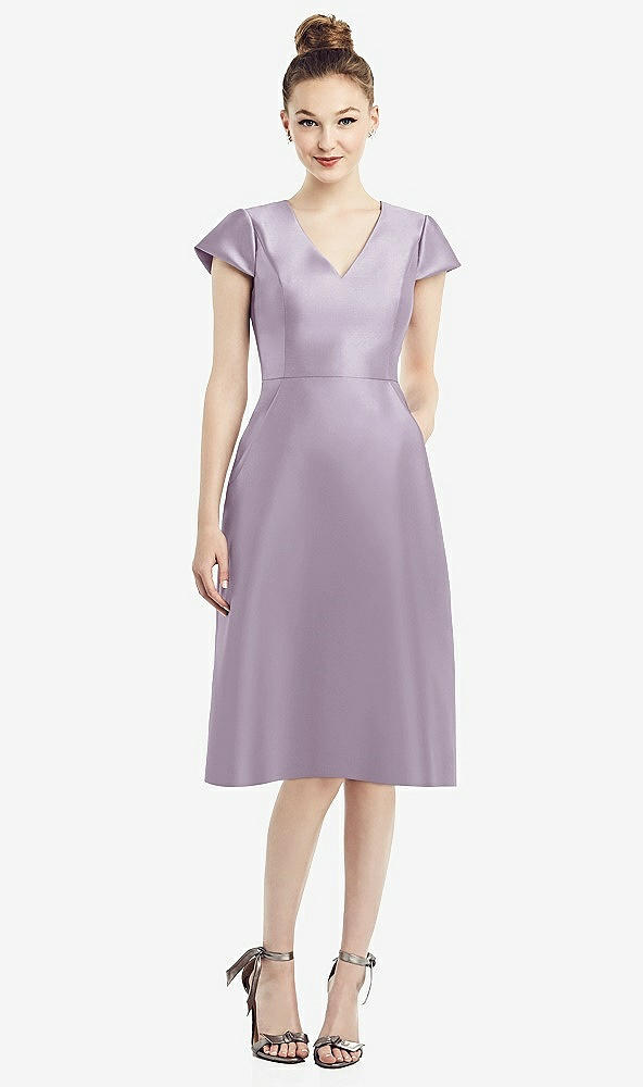 Front View - Lilac Haze Cap Sleeve V-Neck Satin Midi Dress with Pockets