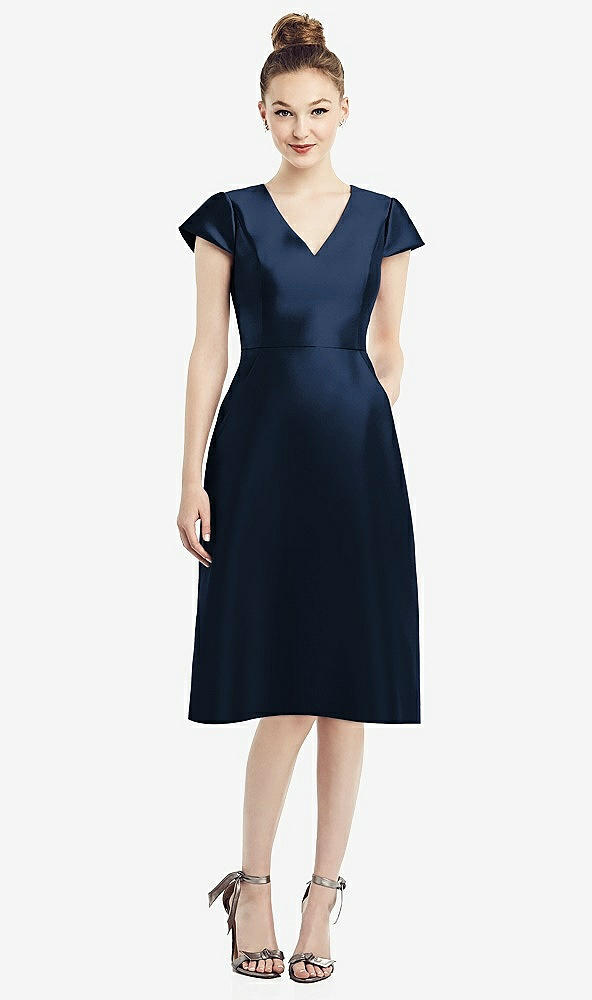 Front View - Midnight Navy Cap Sleeve V-Neck Satin Midi Dress with Pockets