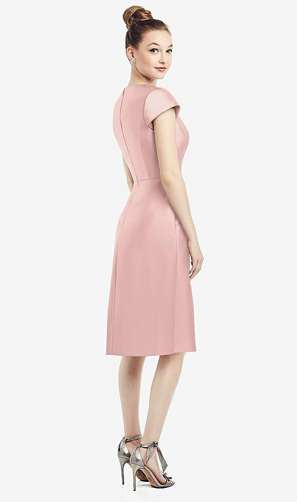 Back View - Rose Cap Sleeve V-Neck Satin Midi Dress with Pockets