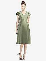 Front View Thumbnail - Sage Cap Sleeve V-Neck Satin Midi Dress with Pockets