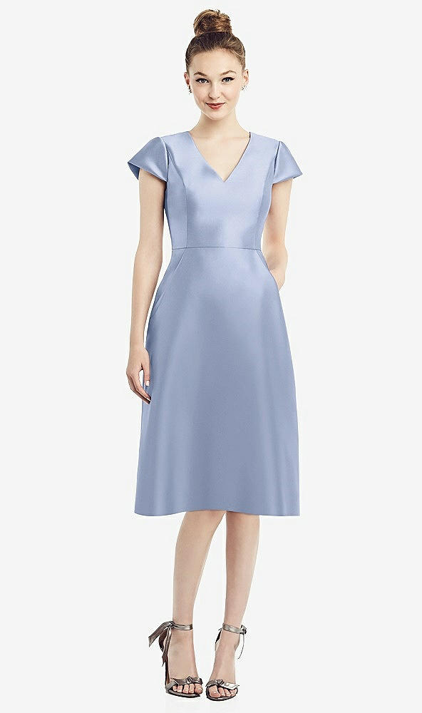 Front View - Sky Blue Cap Sleeve V-Neck Satin Midi Dress with Pockets