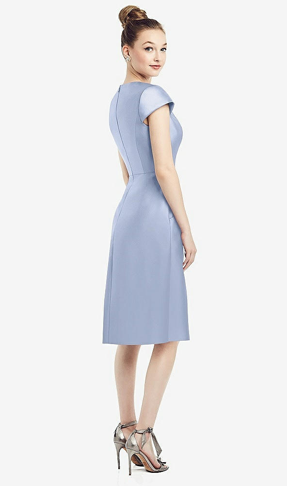 Back View - Sky Blue Cap Sleeve V-Neck Satin Midi Dress with Pockets