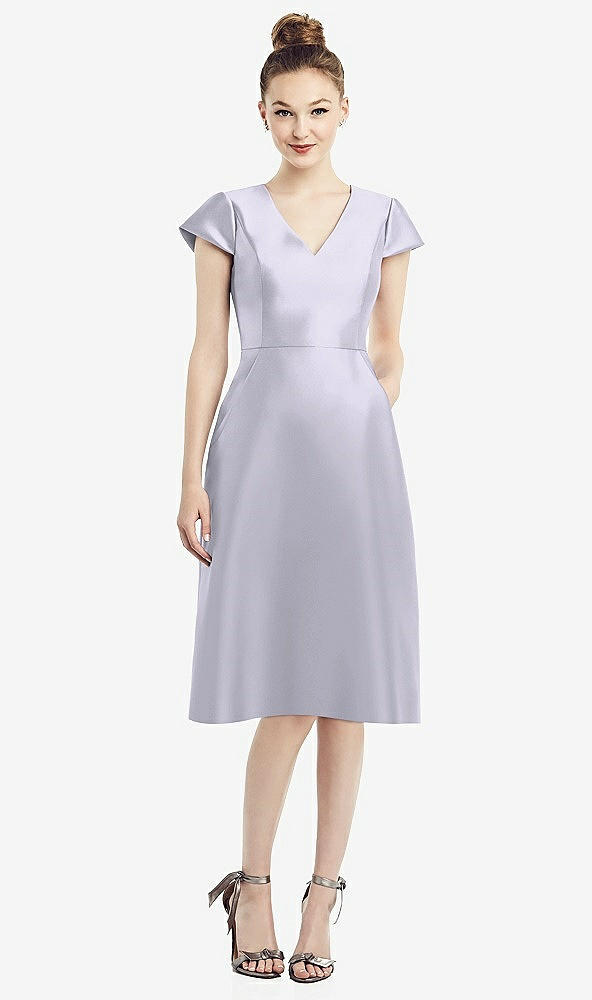 Front View - Silver Dove Cap Sleeve V-Neck Satin Midi Dress with Pockets