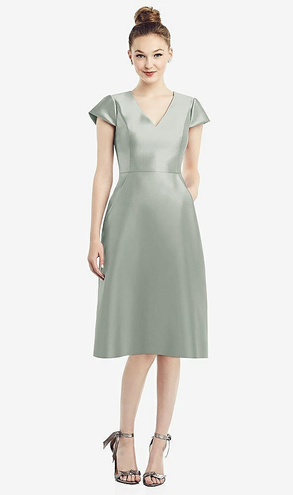 Front View - Willow Green Cap Sleeve V-Neck Satin Midi Dress with Pockets