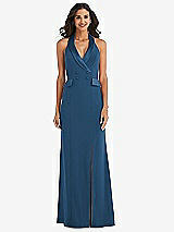 Front View Thumbnail - Dusk Blue Halter Tuxedo Maxi Dress with Front Slit