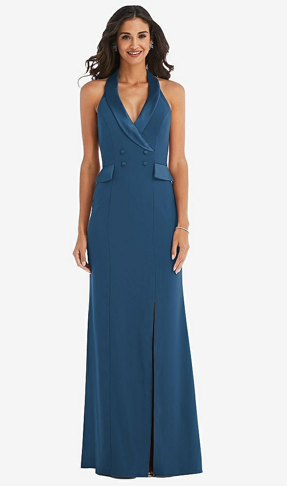 Front View - Dusk Blue Halter Tuxedo Maxi Dress with Front Slit