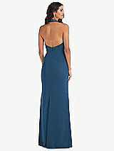 Rear View Thumbnail - Dusk Blue Halter Tuxedo Maxi Dress with Front Slit