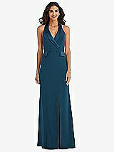 Front View Thumbnail - Atlantic Blue Halter Tuxedo Maxi Dress with Front Slit