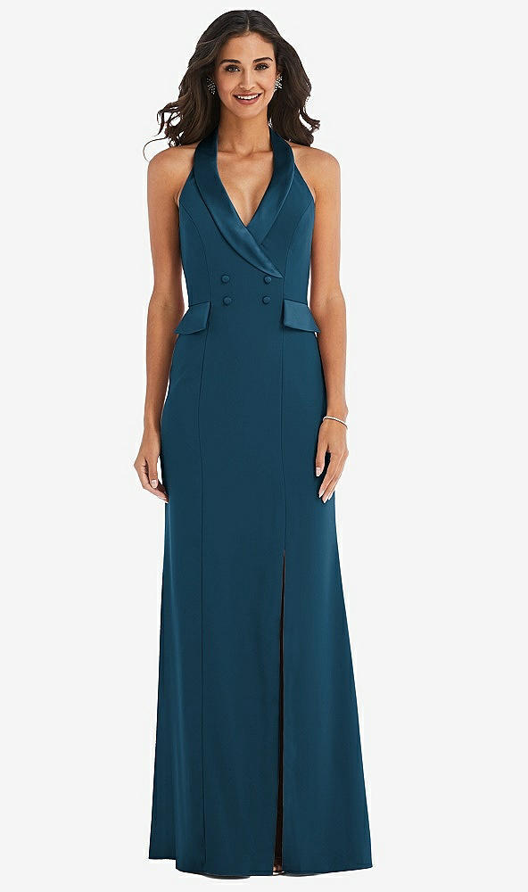 Front View - Atlantic Blue Halter Tuxedo Maxi Dress with Front Slit