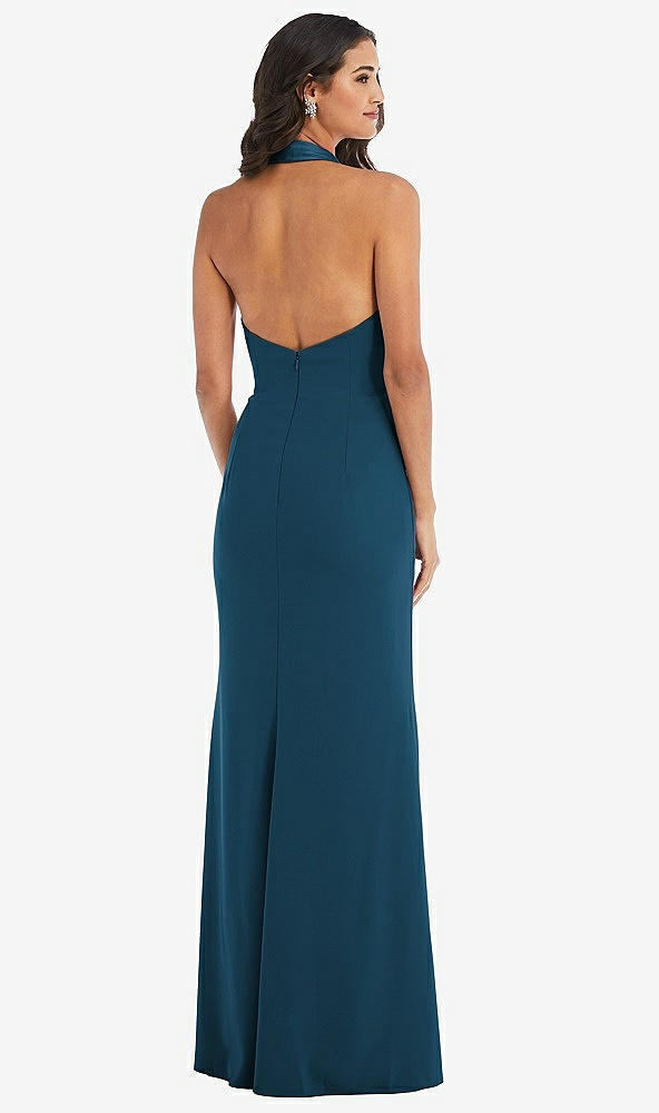 Back View - Atlantic Blue Halter Tuxedo Maxi Dress with Front Slit