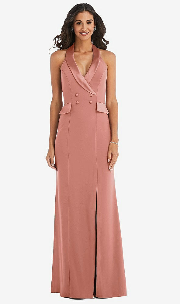 Front View - Desert Rose Halter Tuxedo Maxi Dress with Front Slit