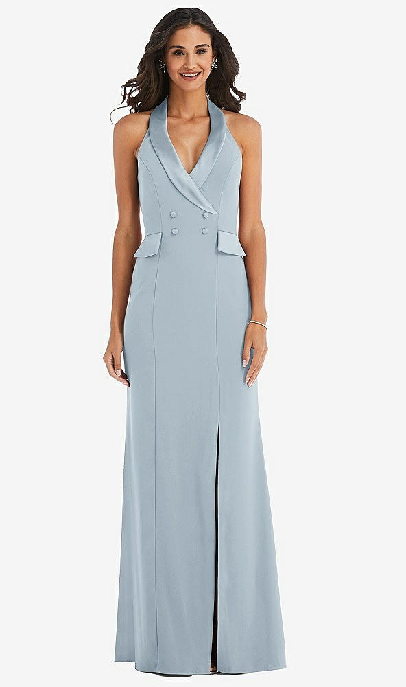 Front View - Mist Halter Tuxedo Maxi Dress with Front Slit