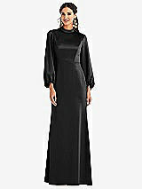 Front View Thumbnail - Black High Collar Puff Sleeve Trumpet Gown - Darby