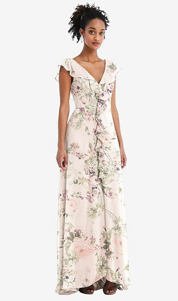 Front View - Blush Garden Ruffle-Trimmed V-Back Chiffon Maxi Dress