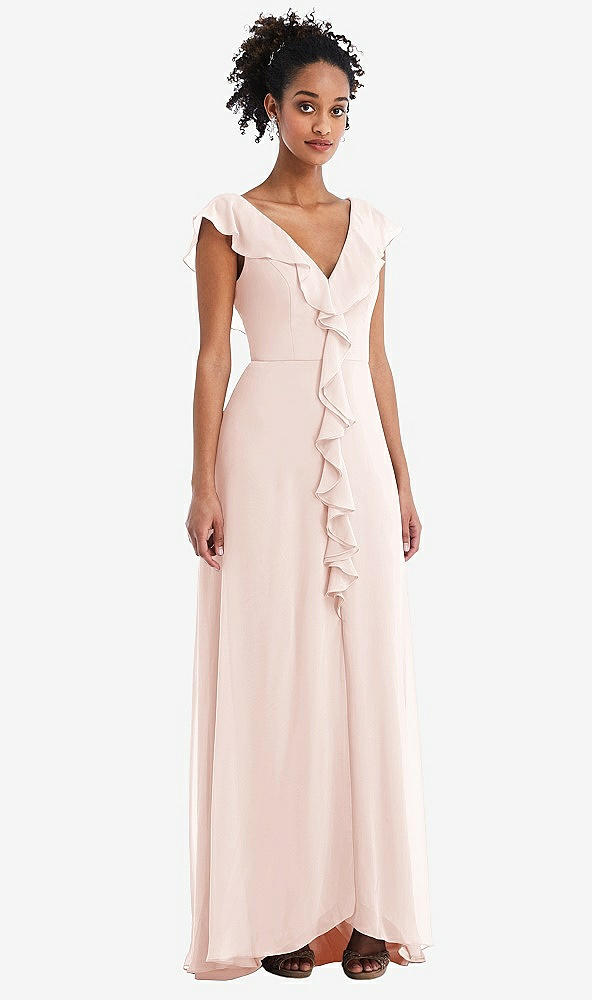 Front View - Blush Ruffle-Trimmed V-Back Chiffon Maxi Dress