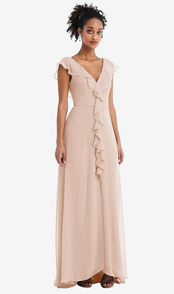 Front View - Cameo Ruffle-Trimmed V-Back Chiffon Maxi Dress