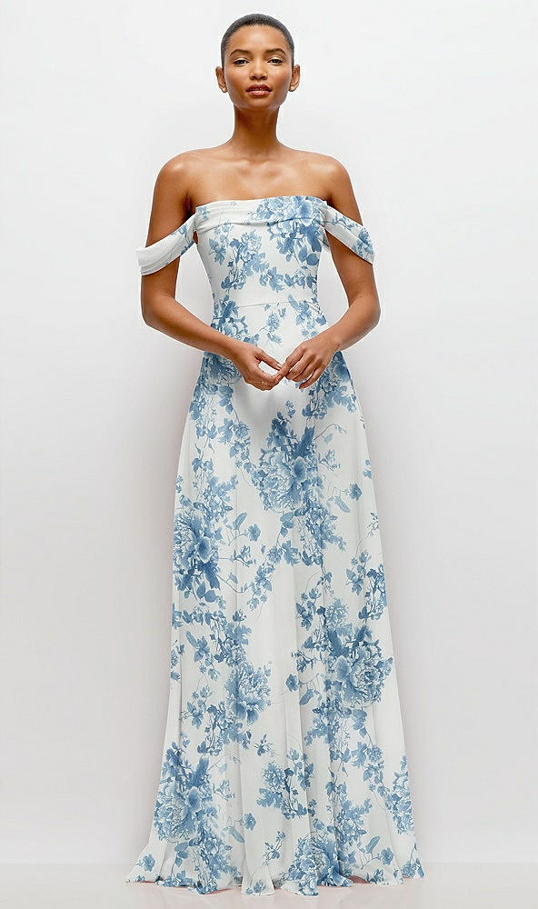 Front View - Cottage Rose Dusk Blue Off-the-Shoulder Draped Neckline Maxi Dress