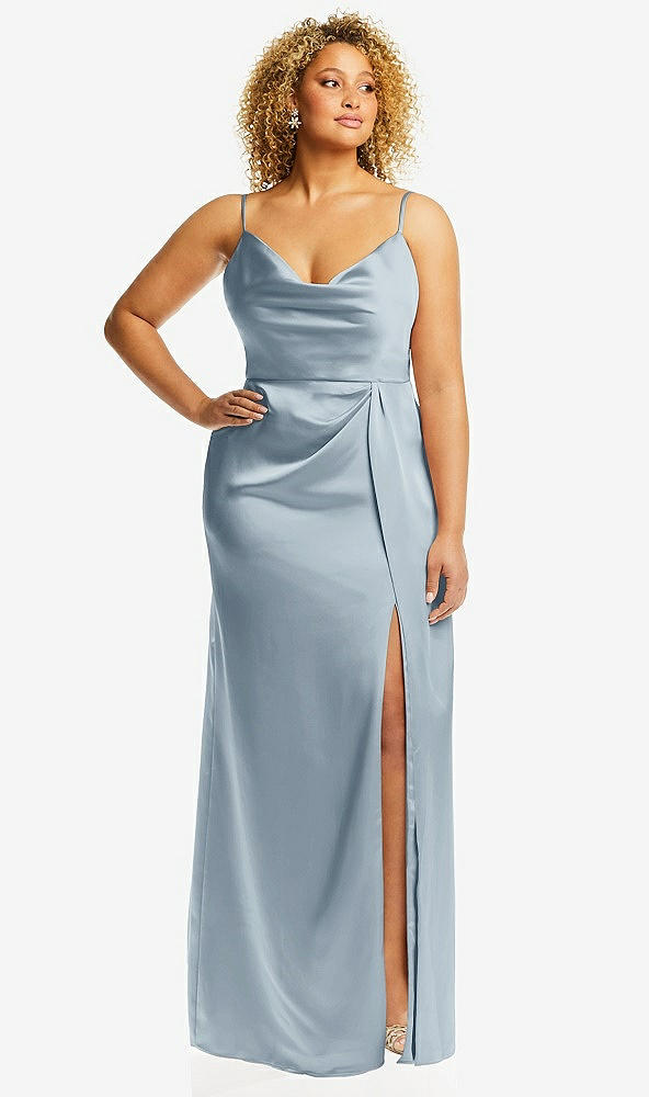 Front View - Mist Cowl-Neck Draped Wrap Maxi Dress with Front Slit