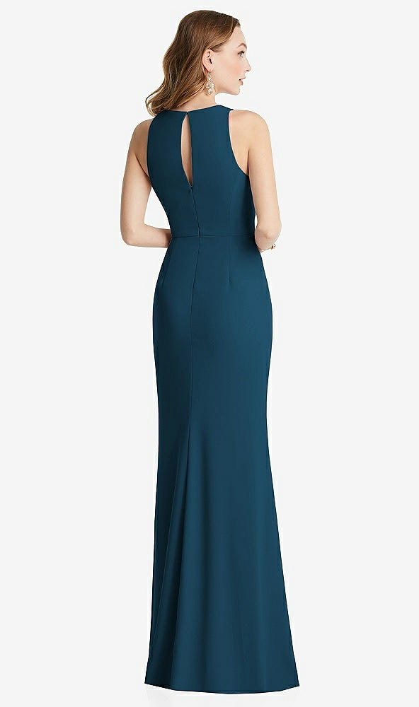 Back View - Atlantic Blue Halter Maxi Dress with Cascade Ruffle Slit