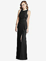 Alt View 1 Thumbnail - Black Halter Maxi Dress with Cascade Ruffle Slit