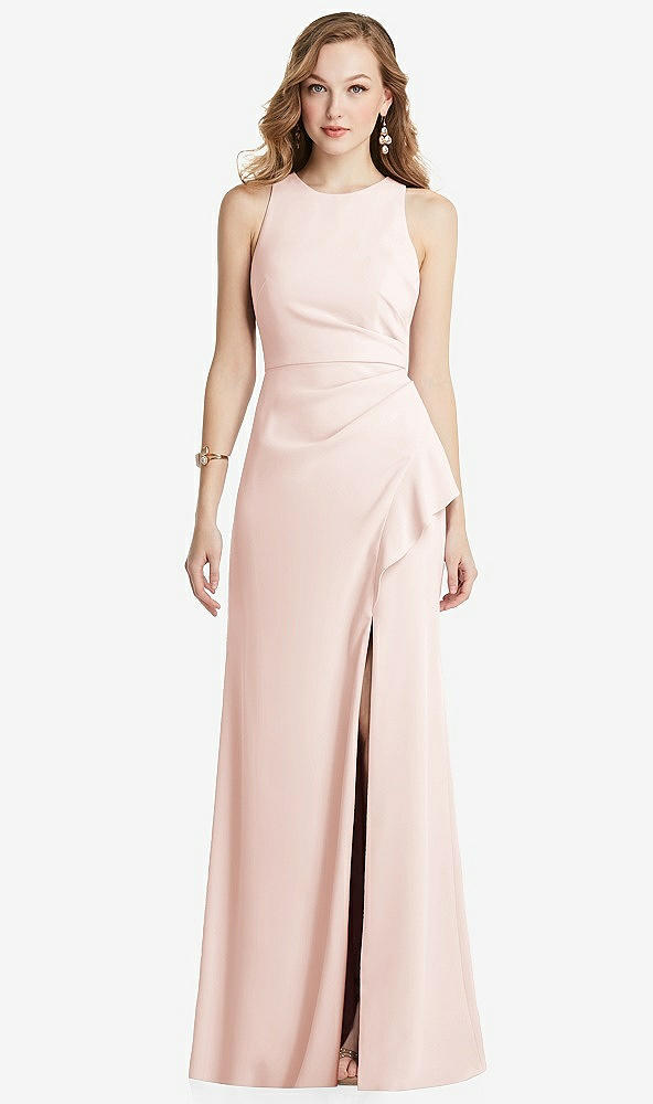 Front View - Blush Halter Maxi Dress with Cascade Ruffle Slit