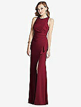 Alt View 1 Thumbnail - Burgundy Halter Maxi Dress with Cascade Ruffle Slit