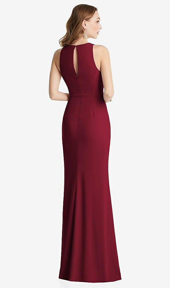 Back View - Burgundy Halter Maxi Dress with Cascade Ruffle Slit