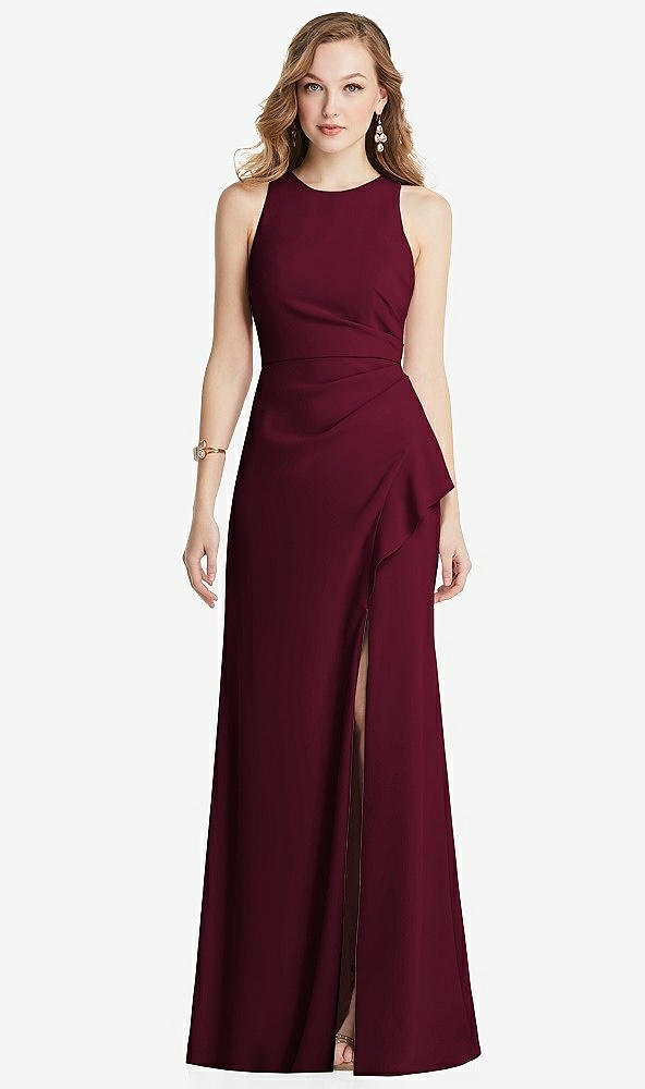 Front View - Cabernet Halter Maxi Dress with Cascade Ruffle Slit