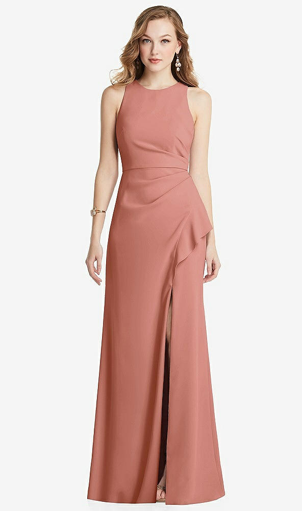 Front View - Desert Rose Halter Maxi Dress with Cascade Ruffle Slit