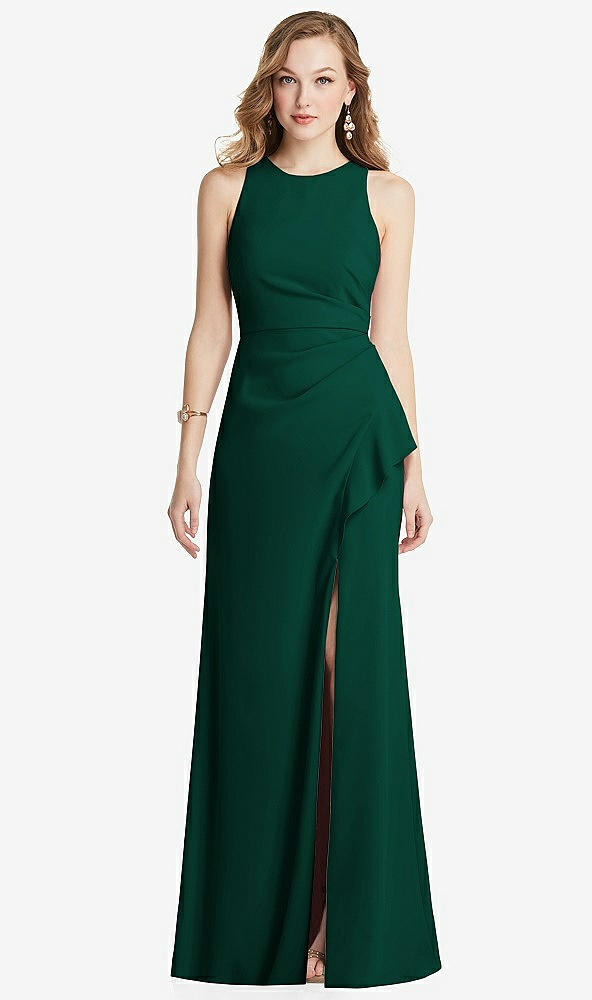 Front View - Hunter Green Halter Maxi Dress with Cascade Ruffle Slit