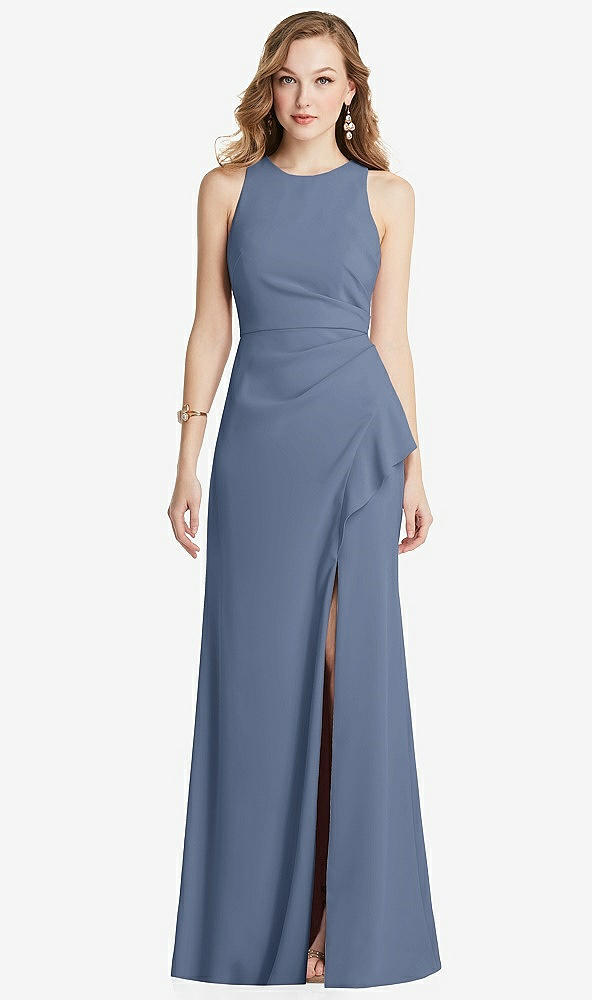 Front View - Larkspur Blue Halter Maxi Dress with Cascade Ruffle Slit