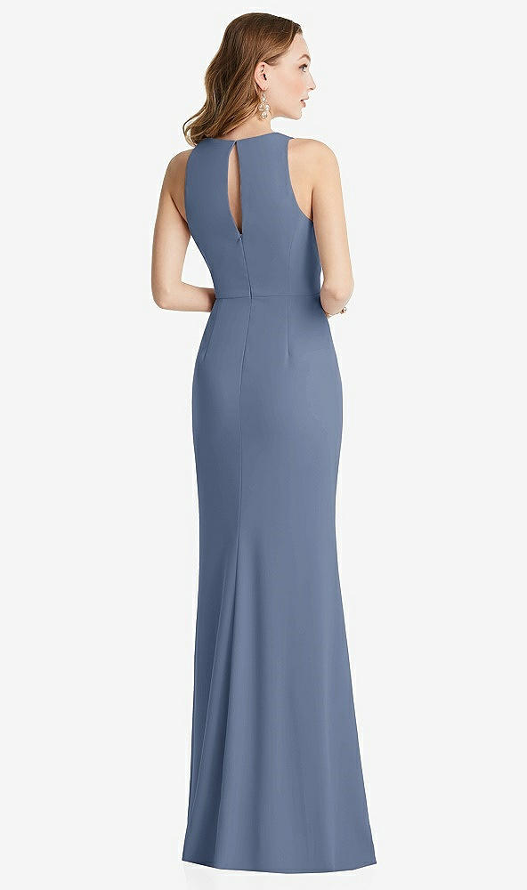 Back View - Larkspur Blue Halter Maxi Dress with Cascade Ruffle Slit