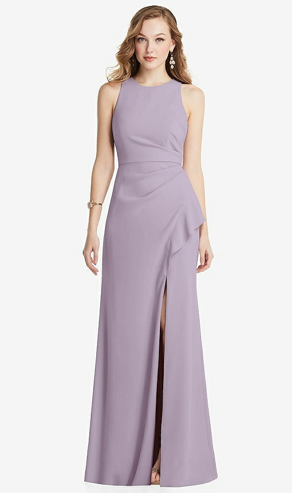 Front View - Lilac Haze Halter Maxi Dress with Cascade Ruffle Slit