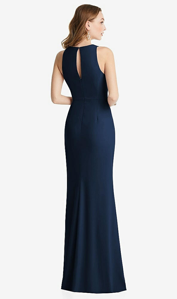 Back View - Midnight Navy Halter Maxi Dress with Cascade Ruffle Slit