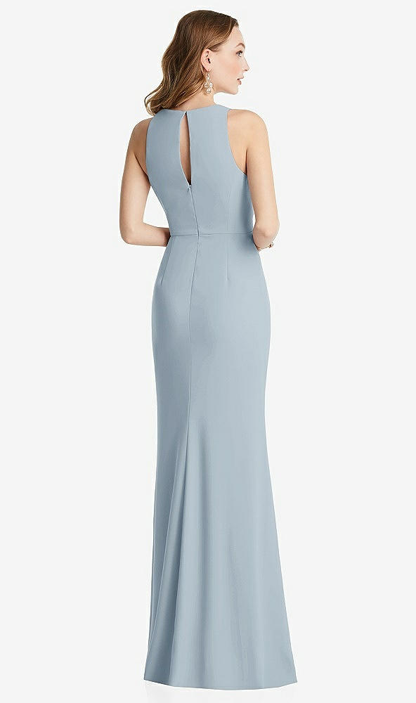 Back View - Mist Halter Maxi Dress with Cascade Ruffle Slit